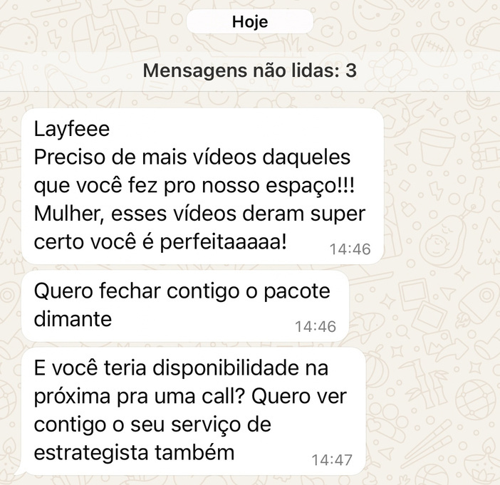 Mensagem de marca querendo fechar pacote de vídeos